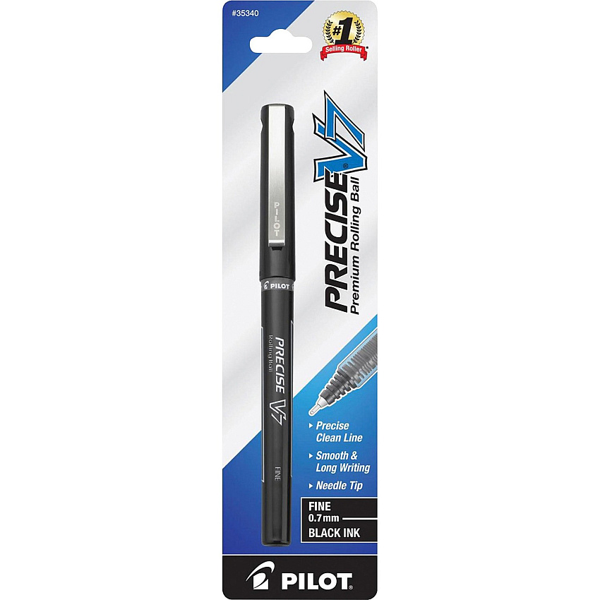 Pilot Precise V7 Fine Premium Capped Rolling Ball Pens 0.7 mm Fine Pen Point - Black Ink - Black Plastic Barrel - 1 / Pack (35340)