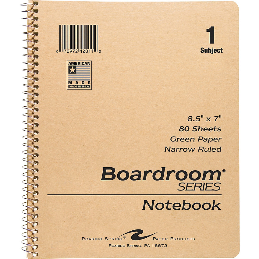 Roaring Spring Boardroom Series Narrow Ruled One Subject Spiral Notebook with Green Tint Paper 80 Sheets - 160 Pages - Printed - Spiral Bound - Both Side Ruling Surface - 15 lb Basis Weight - 56 g/m² Grammage - 8 1/2" x 7" - 0.3 (12011)