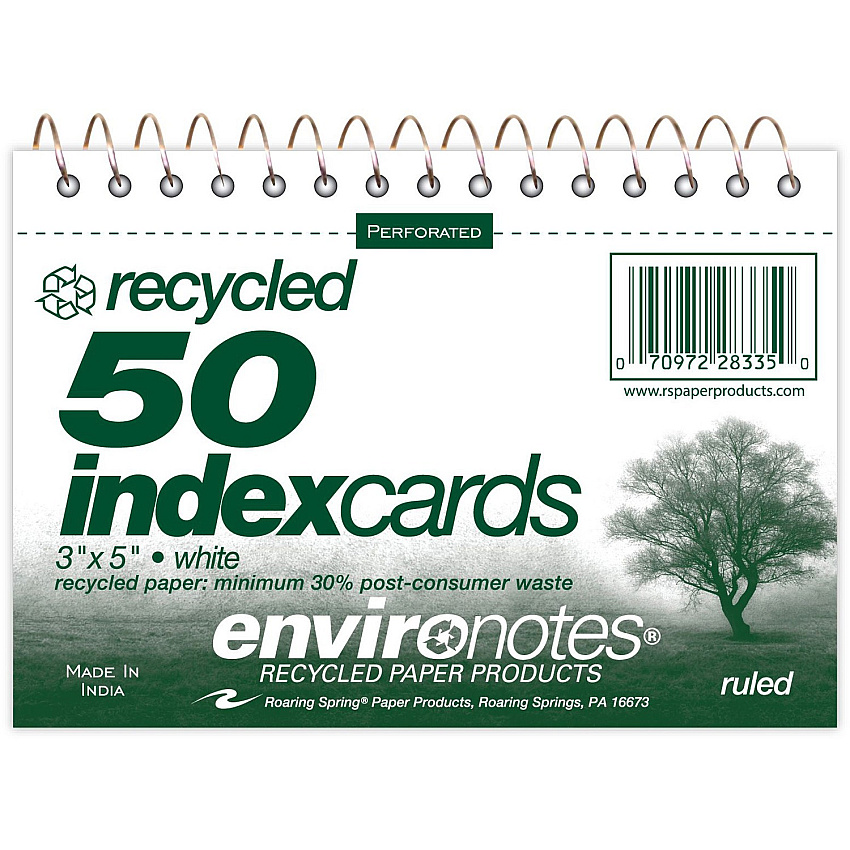 Roaring Spring Environotes Ruled Lined Perforated Spiralbound Recycled Index Cards 50 Sheets - 100 Pages - Printed - Spiral Bound - Front Ruling Surface - 43 lb Basis Weight - 160 g/m² Grammage - 3 1/2" x 5" Sheet Size - 0.30" Height x 5" Wid (28335)