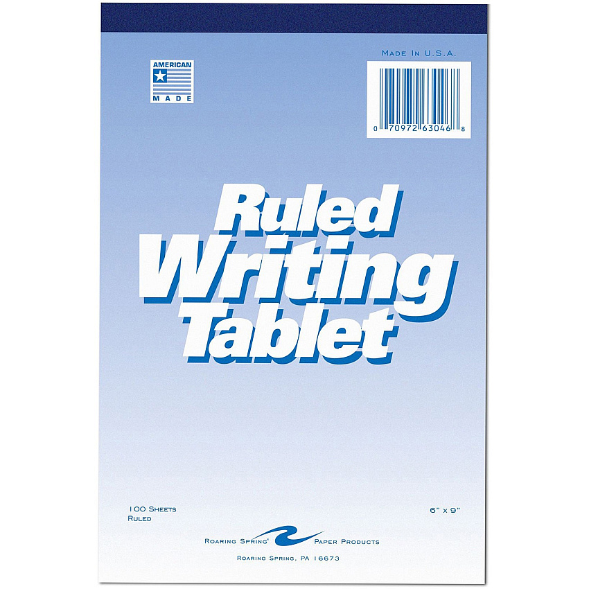 Roaring Spring Ruled Writing Tablets 100 Sheets - Glued/Tapebound - 15 lb Basis Weight - 6" x 9" Sheet Size - White Paper - White Chipboard Cover - Chipboard Backing - 1 Each (63046)