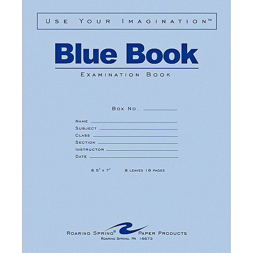 Roaring Spring Blue Book 8-sheet Exam Booklet 8 Sheets - 16 Pages - Stapled/Glued - Red Margin - 15 lb Basis Weight - 7" x 8 1/2" Sheet Size - White Paper - Blue Cover - Flexible Cover - 50 / Pack (77512)