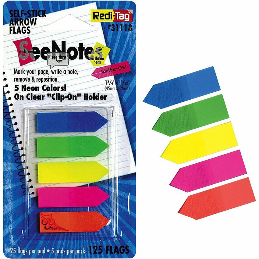 Redi-Tag Plain Write-on Arrow Flags in Holder 25 x Neon Blue, 25 x Lime, 25 x Lemon, 25 x Pink, 25 x Tangerine - 29/64" Flag/Note Width x 1 3/4" Flag/Note Length - Arrow - Assorted - Removable, See-through, Self-adhesive - Dispenser Included - 125 (31118)