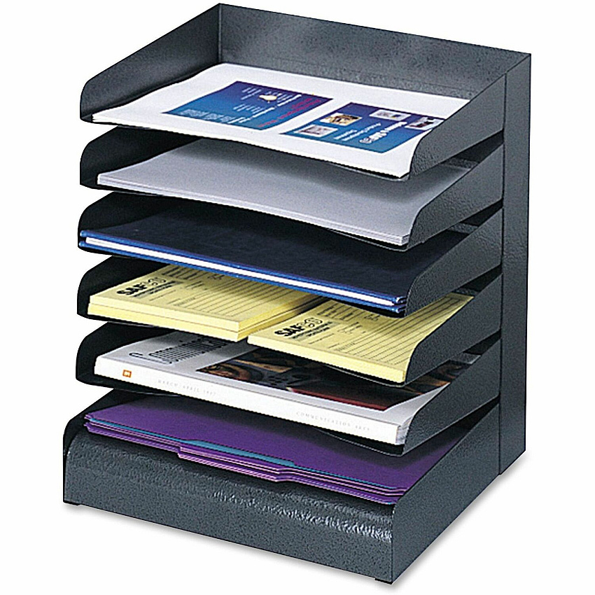 Safco Slanted Shelves Steel Desk Tray Sorter 6 Tier(s) - Desktop - Durable - Powder Coated - Black - Steel - 1 Each (3128BL)