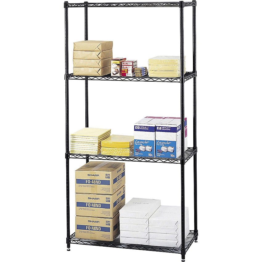 Safco Commercial Wire Shelving 18" Width x 72" Depth x 36" Height - 4 x Shelf(ves) - 2000 lb Load Capacity - Leveling Glide - Black - Powder Coated - Steel - Assembly Required (5276BL)