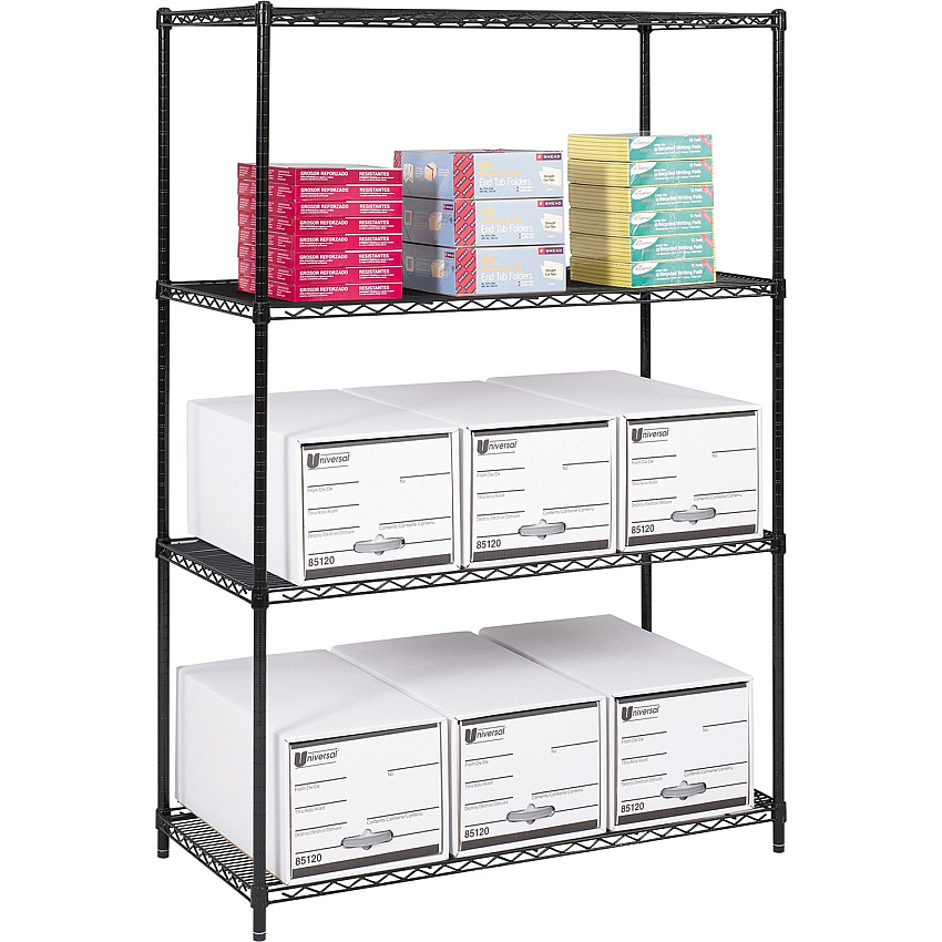 Safco Industrial Wire Shelving 48" Width x 24" Depth x 72" Height - 4 x Shelf(ves) - 3200 lb Load Capacity - Adjustable Glide, Durable - Black - Powder Coated - Steel - Assembly Required (5294BL)