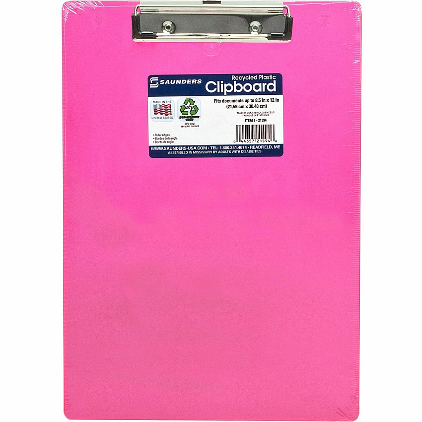 Saunders Neon Plastic Clipboards 0.50" Clip Capacity - Plastic - Neon Pink - 1 Each (21594)