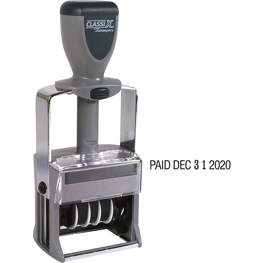 Xstamper Self-Inking 12 Phrase Dater Message/Date Stamp - REC'D, ANS'D, ENT'D, PAID, SHIPPED, CHARGED, CANCELLED, C.O.D., FILLED, FILED - Black - Metal - 1 Each (40140)