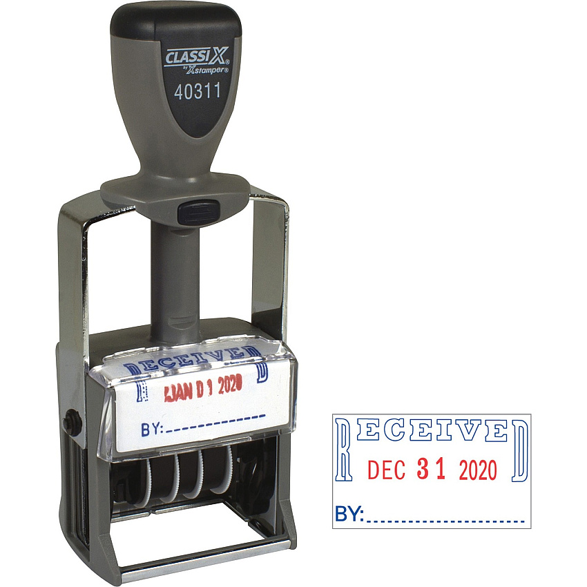 Xstamper Heavy-duty RECEIVED Self-Ink Dater Message/Date Stamp - RECEIVED - Red, Blue - Metal, Plastic Metal - 1 Each (40311)