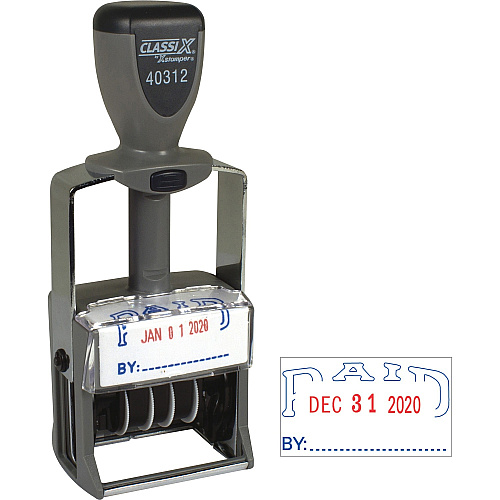 Xstamper Heavy-duty PAID Self-Inking Dater Message/Date Stamp - PAID - Blue, Red - Metal, Plastic Metal - 1 Each (40312)