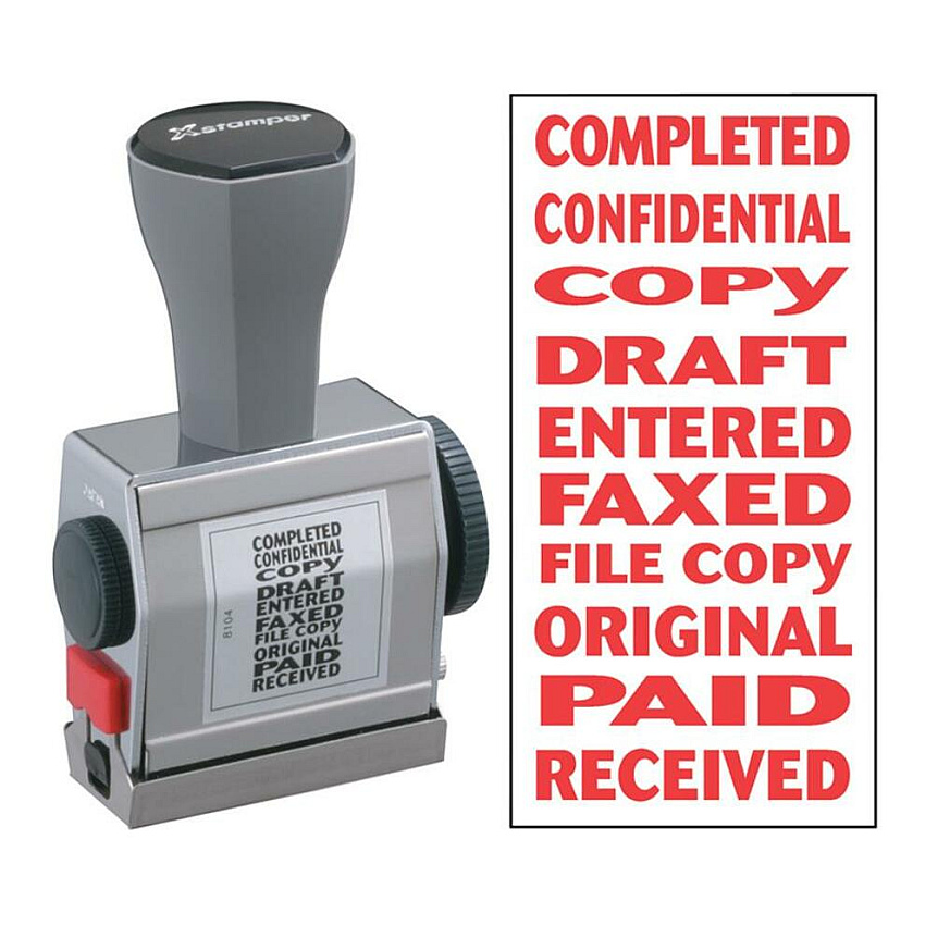 Xstamper 10-In-1 Phrase Stamp Message Stamp - COMPLETED, CONFIDENTIAL, COPY, DRAFT, ENTERED, FAXED, FILE COPY, ORIGINAL, PAID, RECEIVED - 0.19" Impression Width x 1.50" Impression Length - Red - 1 Each (81041)