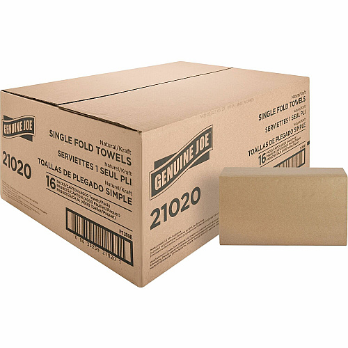 Genuine Joe&reg; Single Fold Paper Towels, 1-Ply, Brown, 4000 Towels 1 Ply - 10.25" Width x 9.10" Length - Natural - 250/Pack - 16 / Carton (GJO21020)