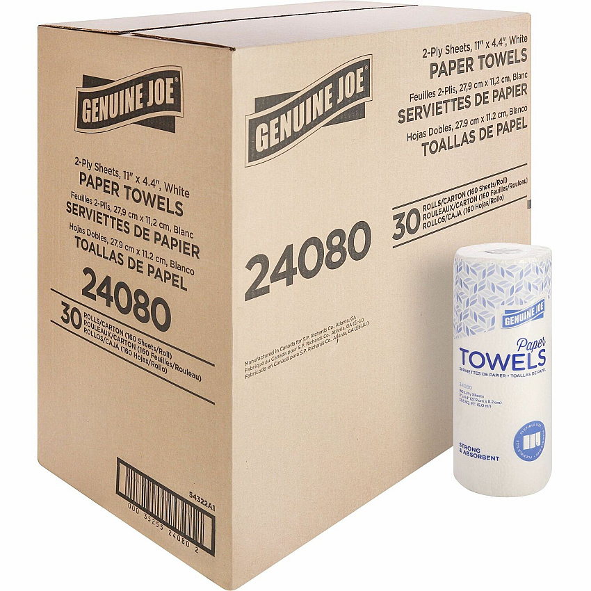 Genuine Joe&reg; Kitchen Paper Towels, White 2 Ply, 160 Sheets, 30 Rolls (GJO24080)