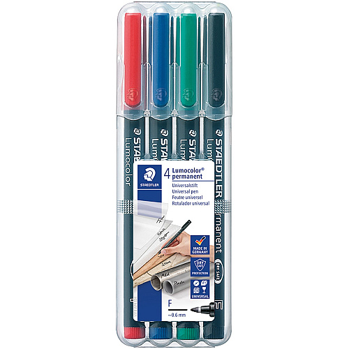 Lumocolor Quick-drying Fine Point Permanent Markers 0.6 mm Fine Marker Point - Red, Blue, Green, Black Ink - Black Polypropylene Barrel - 4 / Set (318WP4)