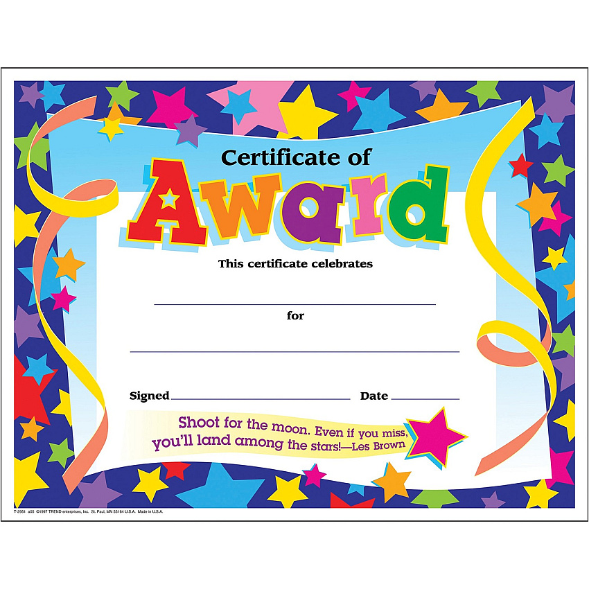 Trend Shoot for the Moon Award Certificate "Certificate of Award" - 8.5" Width x 11" Length - 30 / Pack (T2951)