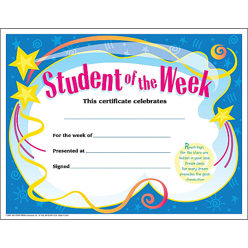 Trend Student of The Week Award Certificate "Student of the Week" - 8.5" Width x 11" Length - 30 / Pack (T2960)