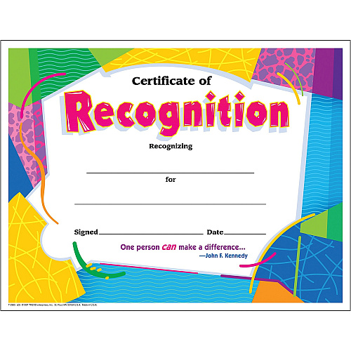 Trend Certificate of Recognition "Certificate of Recognition" - 8.5" Width x 11" Length - 30 / Pack (T2965)