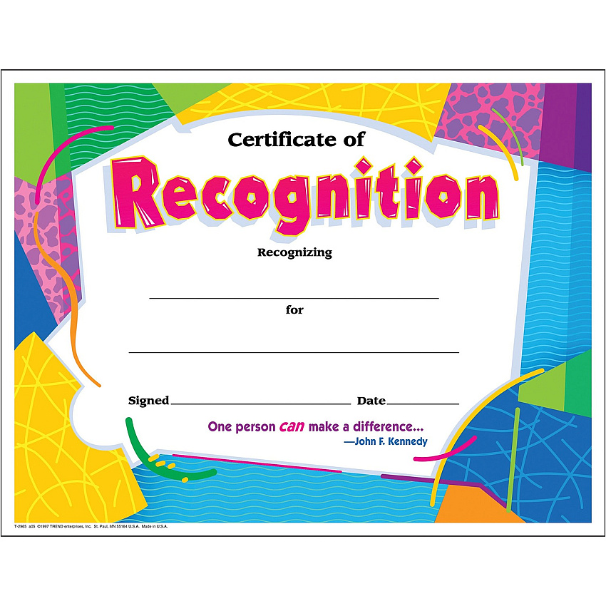 Trend Certificate of Recognition "Certificate of Recognition" - 8.5" Width x 11" Length - 30 / Pack (T2965)
