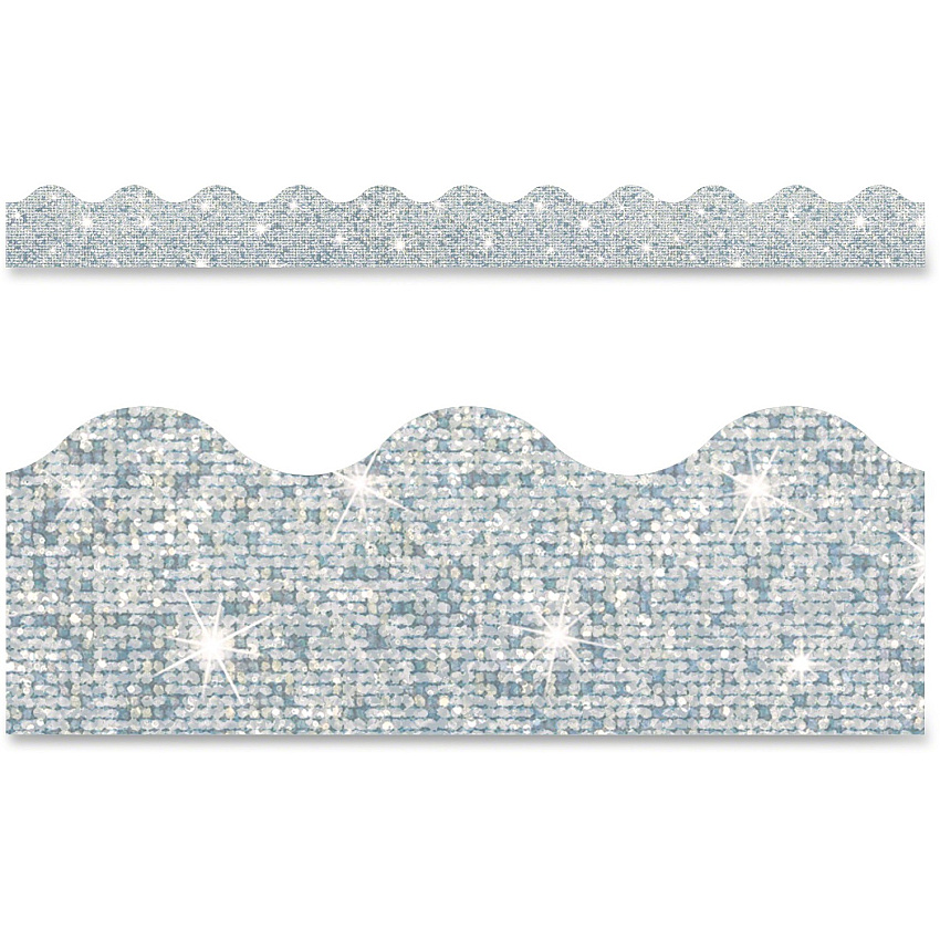 Trend Silver Terrific Trimmers Sparkle Fun, Learning Theme/Subject - Skill Learning: Color - Rectangle Topped With Waves Shape - Pin-up - Layer patterns - Durable, Reusable, Precut - 2.25" Width x 390" Length - Silver - Paper - 1 Each (T91408)