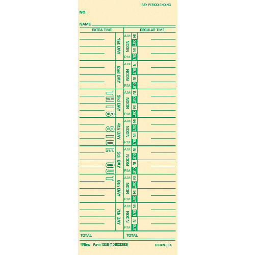 TOPS Numbered Days Time Cards 3.50" x 9" Sheet Size - Yellow - Manila Sheet(s) - Green Print Color - 100 / Pack (12563)