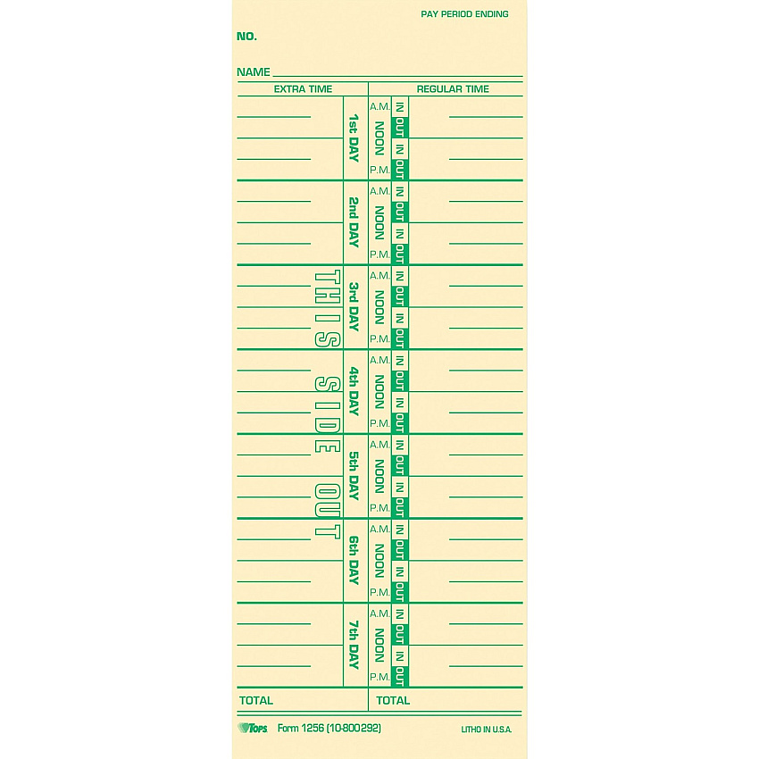 TOPS Numbered Days Time Cards 3.50" x 9" Sheet Size - Yellow - Manila Sheet(s) - Green Print Color - 100 / Pack (12563)