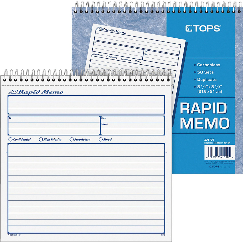 TOPS Rapid Memo Book Spiral Bound - 2 Part - Carbonless Copy - 8.50" x 7.75" Sheet Size - Assorted Sheet(s) - 1 Each (4151)