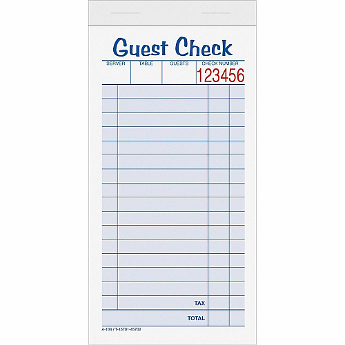 TOPS 2-part Carbonless Guest Check Books 2 Part - 3.37" x 5.50" Sheet Size - Blue, Green, Red Print Color - 10 / Pack (45702)