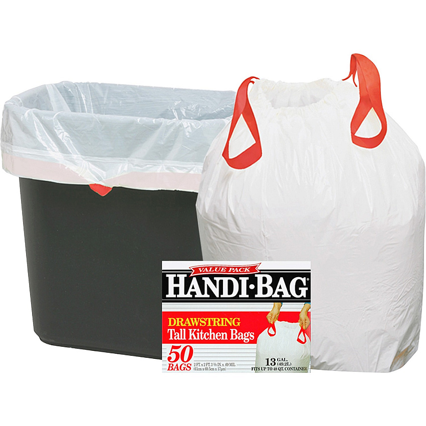 Berry Handi-Bag Drawstring Tall Kitchen Bags Small Size - 13 gal Capacity - 27" Length x 24" Width x 0.69 mil (18 Micron) Thickness - Drawstring Closure - White - Resin - Kitchen - 50 / Box (HAB6DK50N)