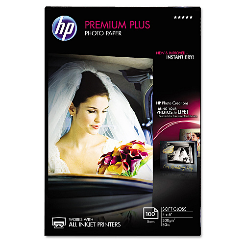 HP Premium Plus Photo Paper, 11.5 mil, 4 x 6, Soft-Gloss White, 100/Pack (CR666A)