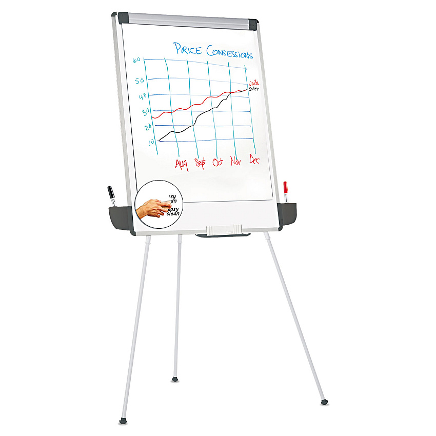 Universal Dry Erase Board with Tripod Easel and Adjustable Pen Cups, 29 x 41, White Surface, Silver Frame (UNV43031)