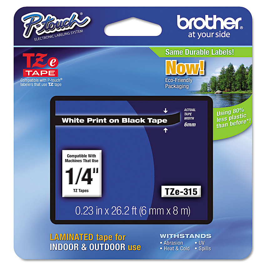 Brother TZe Standard Adhesive Laminated Labeling Tape, 0.23" x 26.2 ft, White on Black (TZE315)