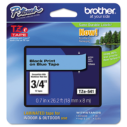 Brother TZe Standard Adhesive Laminated Labeling Tape, 0.7" x 26.2 ft, Black on Blue (TZE541)