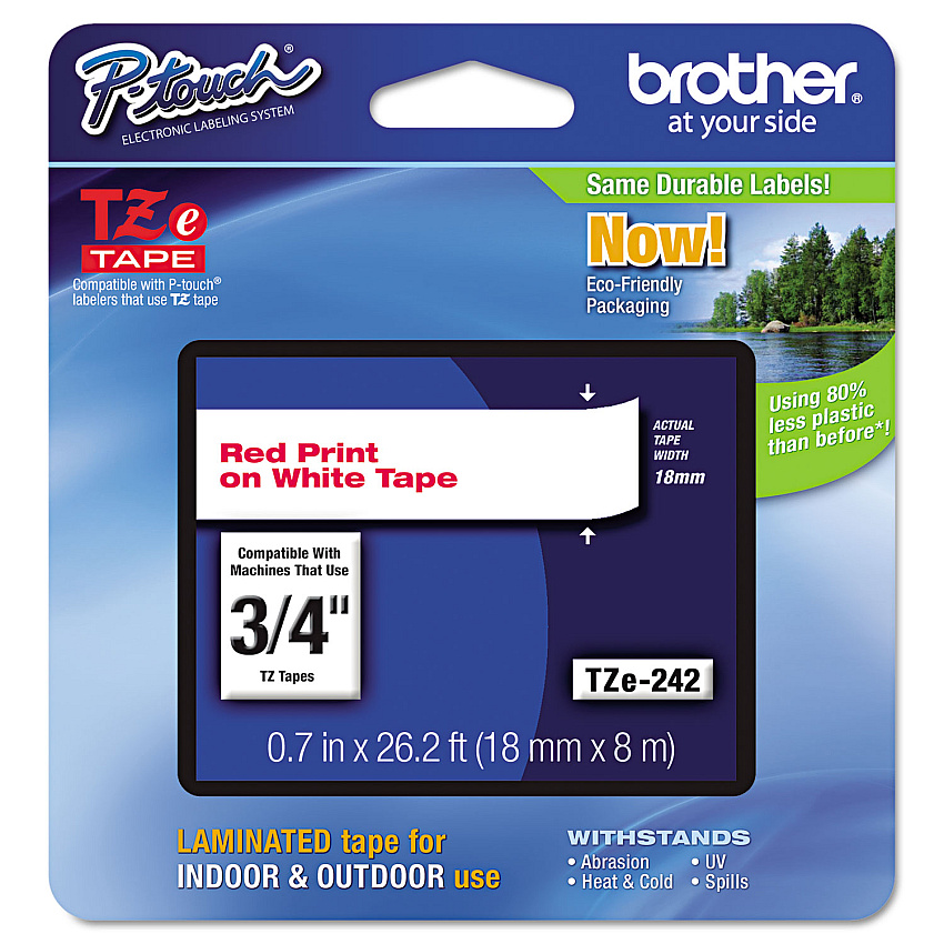 Brother TZe Standard Adhesive Laminated Labeling Tape, 0.7" x 26.2 ft, Red on White (TZE242)