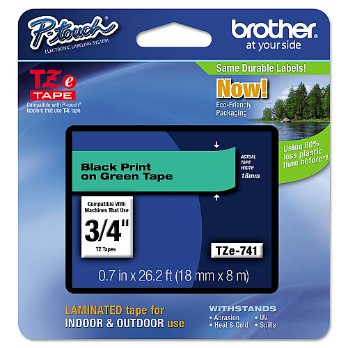 Brother TZe Standard Adhesive Laminated Labeling Tape, 0.7" x 26.2 ft, Black on Green (TZE741)