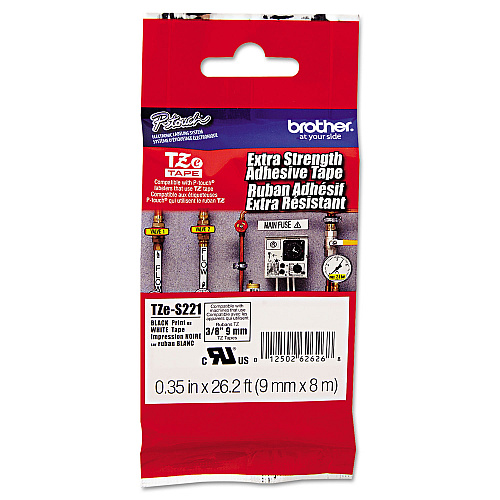Brother TZe Extra-Strength Adhesive Laminated Labeling Tape, 0.35" x 26.2 ft, Black on White (TZES221)