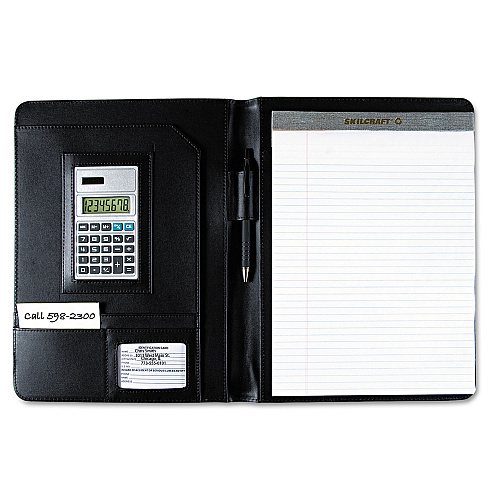 AbilityOne 7510014844563, SKILCRAFT Black Leather Look Portfolio, Solar Calculator/Writing Pad/Pen
