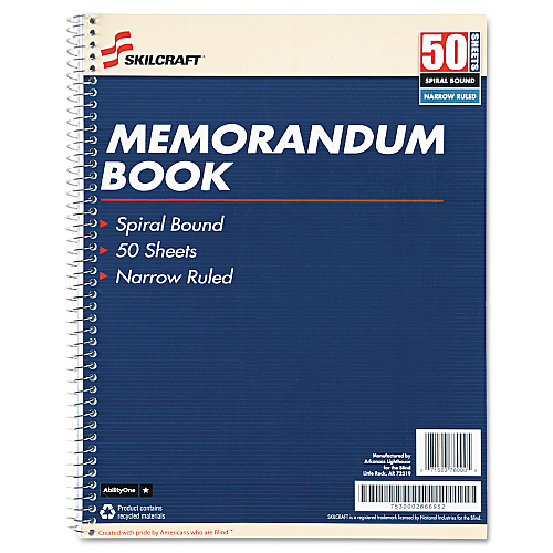 AbilityOne 7530002866952, SKILCRAFT Spiralbound Memorandum Book, Medium/College Rule, Blue/White Cover, (50) 11 x 8.5 Sheets, 12/Pack