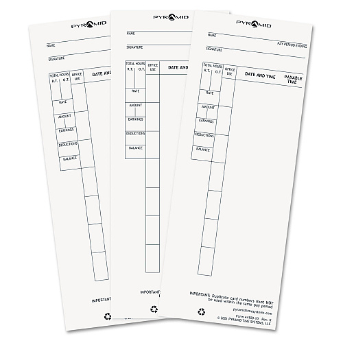 Time Clock Cards for Pyramid Technologies 4000, One Side, 3.5 x 8.5, 100/Pack (4410010)