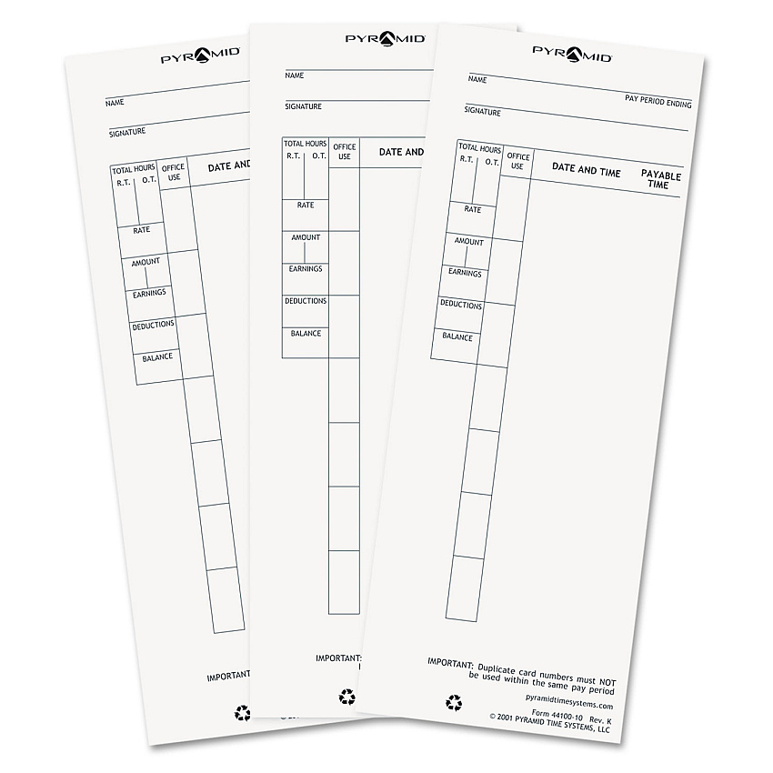 Time Clock Cards for Pyramid Technologies 4000, One Side, 3.5 x 8.5, 100/Pack (4410010)