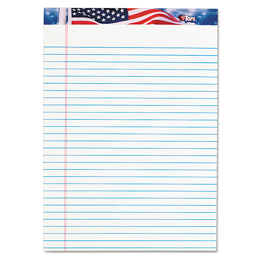 TOPS American Pride Writing Pad, Wide/Legal Rule, Red/White/Blue Headband, 50 White 8.5 x 11.75 Sheets, 12/Pack (75140)