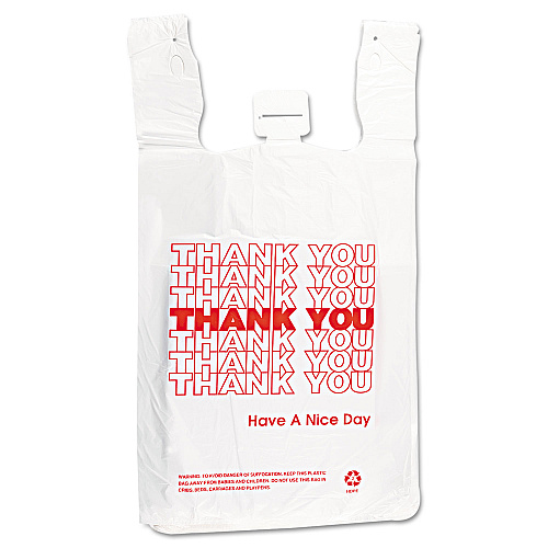 Inteplast Group HDPE T-Shirt Bags, Thank You - Have a Nice Day Labeling, Cut-Out Handles, 12" x 7" x 23", White/Red, 500/Carton (THW2VAL)