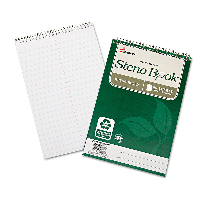 AbilityOne 7530016002029, SKILCRAFT Recycled Steno Pad, Gregg Rule, Green Cover, 60 White 6 x 9 Sheets, 6/Pack