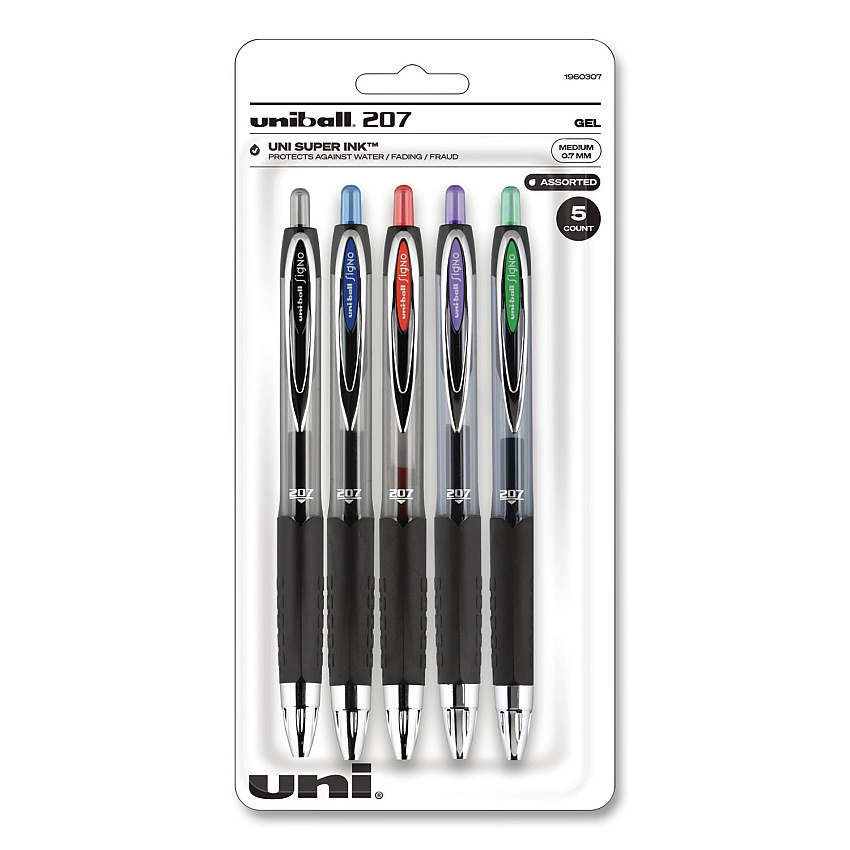 uni-ball Signo 207 Gel Pen, Retractable, Medium 0.7 mm, Assorted Ink and Barrel Colors, 5/Pack (261221)