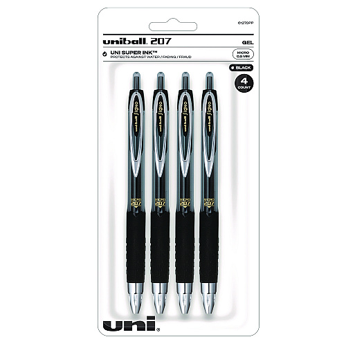 uni-ball Signo 207 Gel Pen, Retractable, Fine 0.5 mm, Black Ink, Smoke/Black Barrel, 4/Pack (61270)