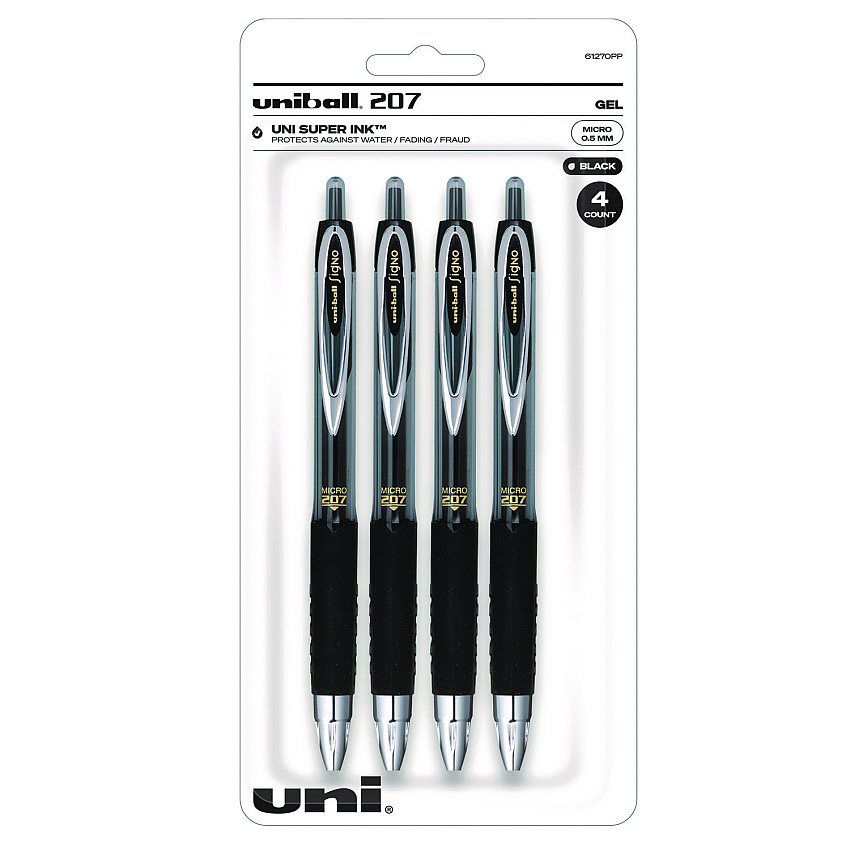 uni-ball Signo 207 Gel Pen, Retractable, Fine 0.5 mm, Black Ink, Smoke/Black Barrel, 4/Pack (61270)