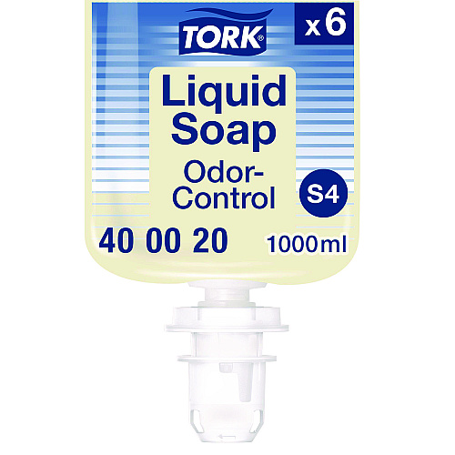 Tork Odor-Control Hand Soap Liquid S4 Refill, Perfume-Free, 1 L, 6/Carton (400020)