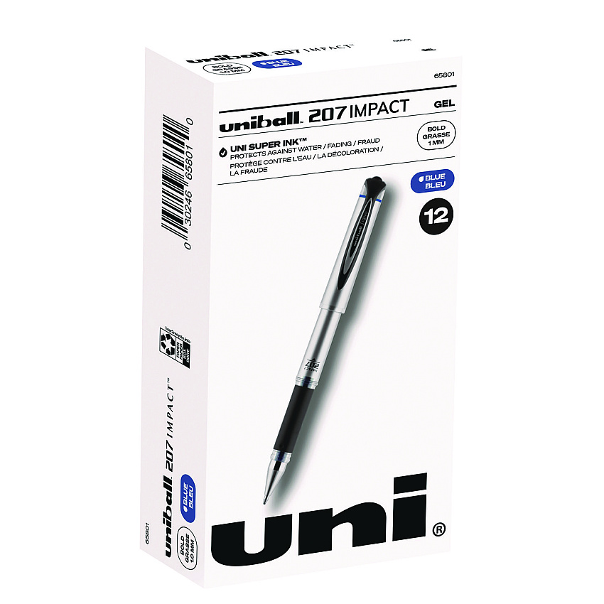 uni-ball 207 Impact Gel Pen, Stick, Bold 1 mm, Blue Ink, Silver/Black/Blue Barrel (65801)
