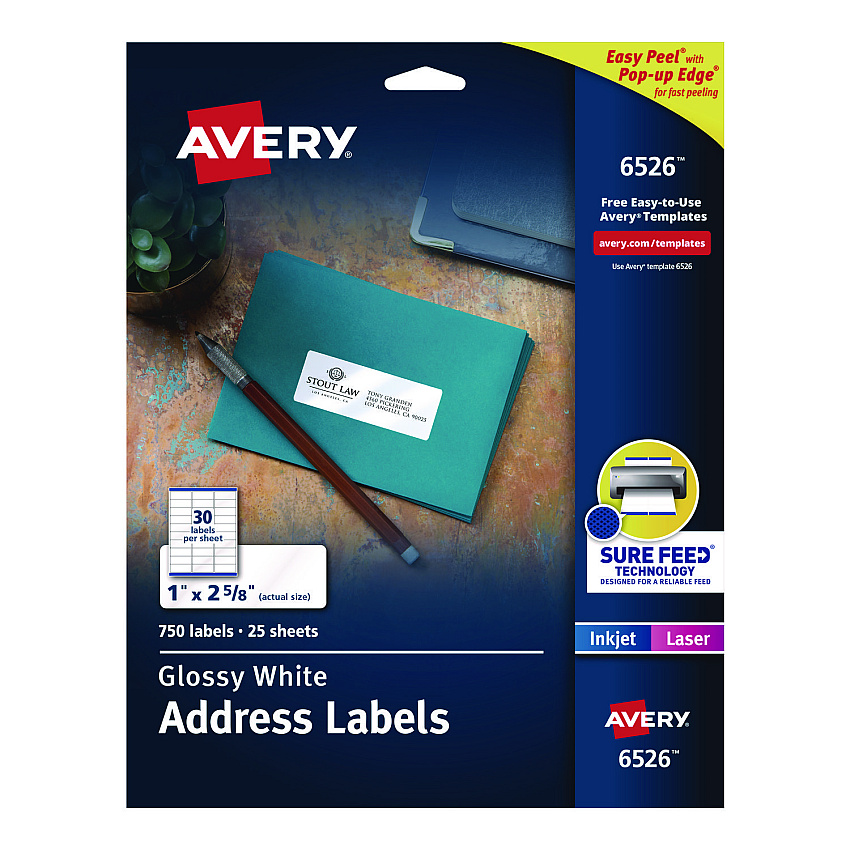 Avery Glossy White Easy Peel Mailing Labels w/ Sure Feed Technology, Laser Printers, 1 x 2.63, White, 30/Sheet, 25 Sheets/Pack (6526)