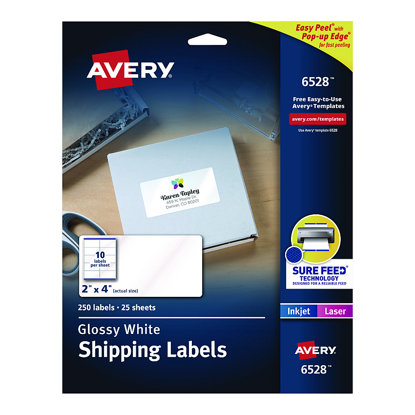 Avery Glossy White Easy Peel Mailing Labels w/ Sure Feed Technology, Laser Printers, 2 x 4, White, 10/Sheet, 25 Sheets/Pack (6528)