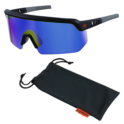 ergodyne Skullerz AEGIR Safety Glasses with Mirrored Lenses, Matte Black Frame, Blue Mirror Polycarbonate Lens (55007)