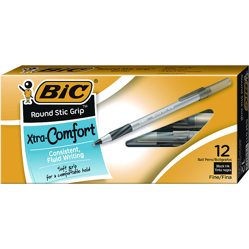 BIC Round Stic Grip Xtra Comfort Ballpoint Pen, Stick, Fine 0.8 mm, Black Ink, Gray/Black Barrel, Dozen (GSFG11BK)